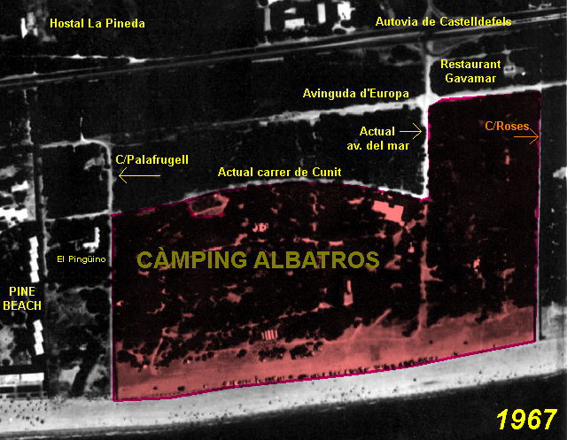 Imagen area del entorno del Camping Albatros donde se pude ver la ubicacin del restaurante Gavamar (1967)